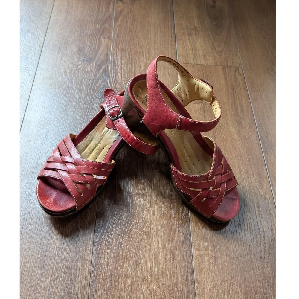 Clarks Structured Red Leather Woven Strappy Wedge Sandals 86554 Womens 9M